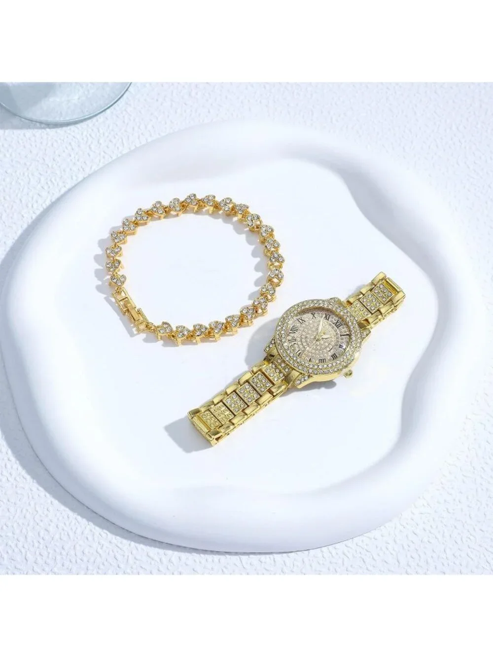 Women's All Gold Analog Quartz Diamond Bracelet Set Luxury Cubic Zirconia Watch